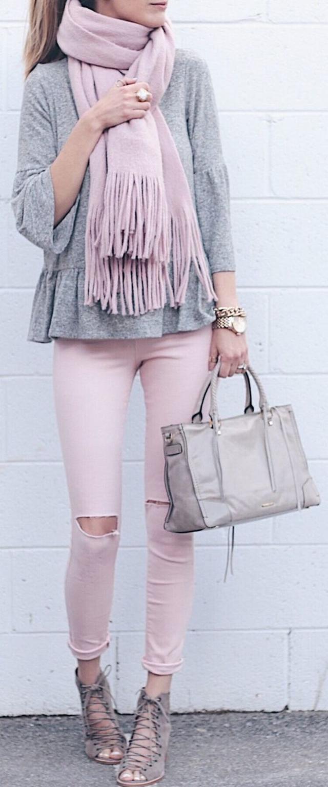 Pink Fringe Scarf : Grey Top : Pink Destroyed Skinny Jeans : Grey Laced Up Booties