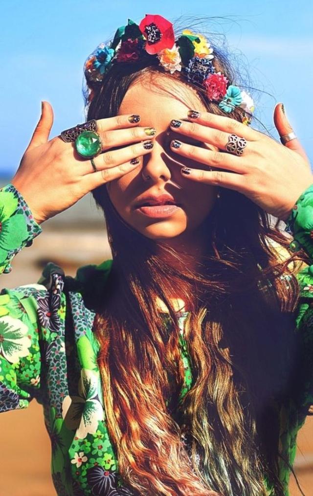 Hippie:Boho Girl with Flower Headband:Headpiece and Long Flowy Brunette Hair:Green Dress